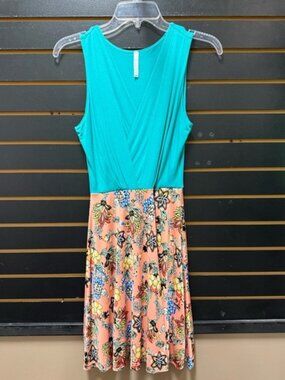 Solgee USA Teal & Floral Colorblock Sleeveless Dress S